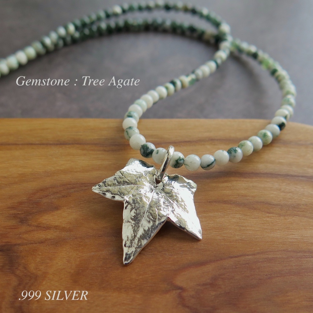 [純銀製] アイビーリーフペンダント 2.2cm, 天然石ネックレス(ツリーアゲートφ3mm)約45cm＋5cm