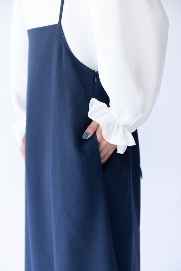 【完売】サロペットスカート　ネイビー　日本製　フリーサイズ　即納　体型カバー　ノーアイロン 6枚目の画像