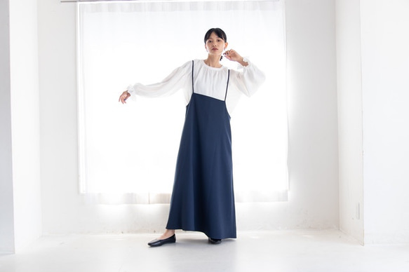 【完売】サロペットスカート　ネイビー　日本製　フリーサイズ　即納　体型カバー　ノーアイロン 8枚目の画像