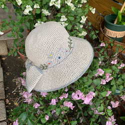手工編織鉤針 紙線帽/優雅的蝴蝶遮陽帽/手作草帽/拉菲草帽/逛街 第2張的照片