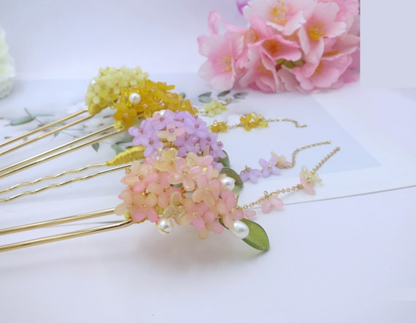 檸檬 ハンドメイド ヘアアクセサリー 金木犀の花と散るかんざし・かんざし（4色） 5枚目の画像