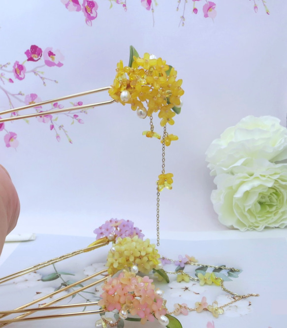 檸檬 ハンドメイド ヘアアクセサリー 金木犀の花と散るかんざし・かんざし（4色） 6枚目の画像