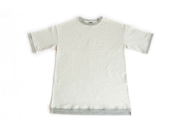 バイカラー段違いリブコットンTシャツ：半袖] /// オートミール × オフホワイト 5枚目の画像