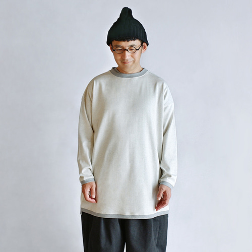 バイカラー段違いリブコットンTシャツ：長袖] /// オートミール × オフ