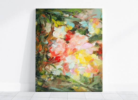 油絵 油彩 油彩画 絵 絵画 抽象画 【花】 抽象的なカラフルな油彩画キャンバス 黄色と青と赤の花の半抽象