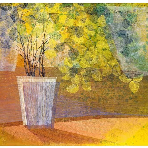 抽象油彩画 黄色と緑の葉 約25cm 抽象油彩画 黄色と緑