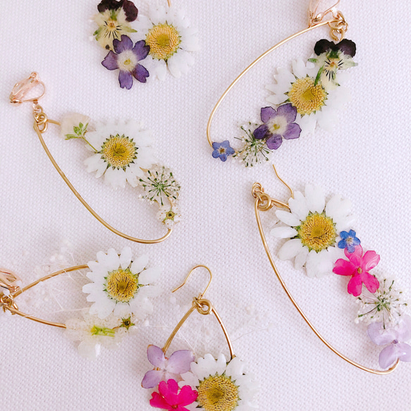 ドロップ型 押し花とかすみ草の earring or pierce 3枚目の画像