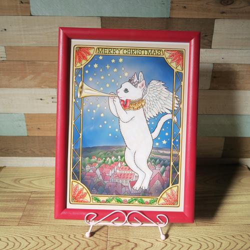 A4ポスター 〈クリスマスの猫天使〉ヨーロッパの街並みの上空を、人々