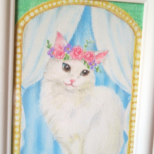 原画〉パステルイラスト〈花冠を被ったもふもふ白猫〉フレーム付き