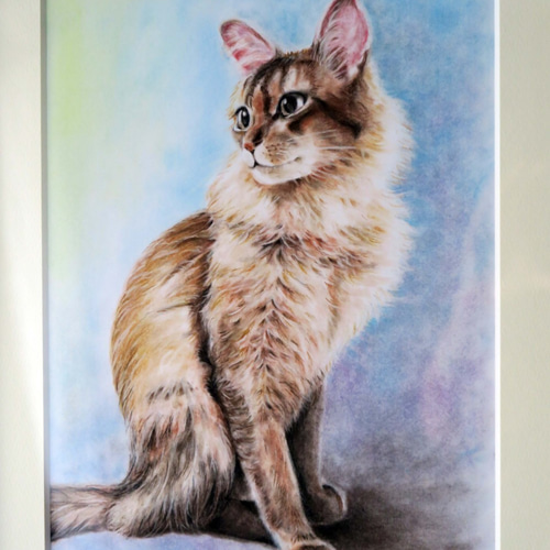 原画〉猫パステル画 A4サイズ 額縁・マット付き おすわり