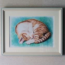 〈原画〉猫パステル画　A4サイズ　額縁・マット付き　丸くなって気持ちよさそうに眠る茶トラ猫ちゃん 1枚目の画像