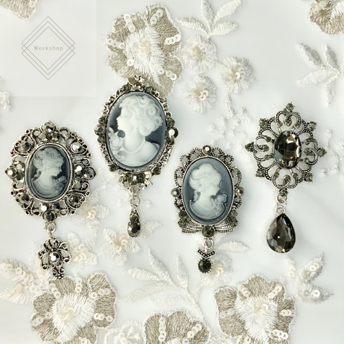 ☆再入荷☆【1pc】アンティークシルバーカメオb ビジュー・クリスタル