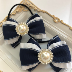 ネイビー×ホワイト リボンヘアゴム✨2個セット✨キッズ✨お揃いにも  