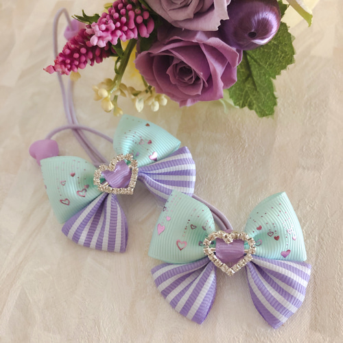 エメラルドグリーン×紫ストライプ リボンヘアゴム✨2個セット✨キッズ  