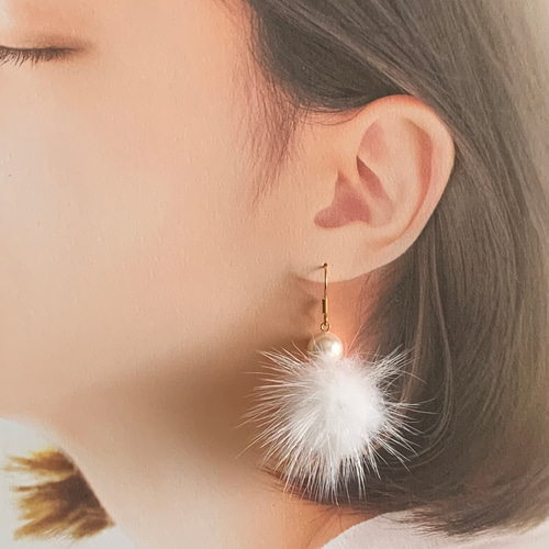 ミンクファーピアス フックピアス パールピアス イヤリング ノンホール 