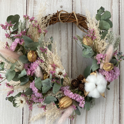 パンパスグラスとユーカリのふわふわピンクリース:ドライフラワー  