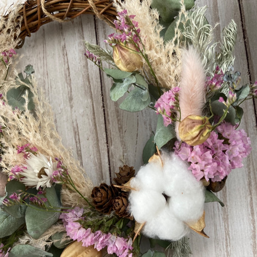 パンパスグラスとユーカリのふわふわピンクリース:ドライフラワー  