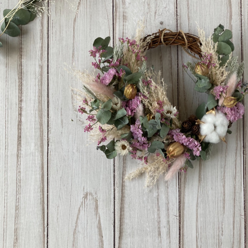 パンパスグラスとユーカリのふわふわピンクリース:ドライフラワー  