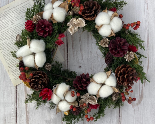 コニファーと木の実のハーフリース クリスマスリース コットンフラワー コニファーと木の実のハーフリース クリスマスリース コットンフラワー