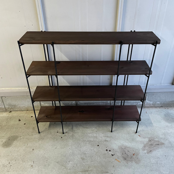 手作りアイアン家具 アイアンシェルフ 折り畳みラック 西海岸インテリア 幅100cm ダークブラウン　4段 5cm