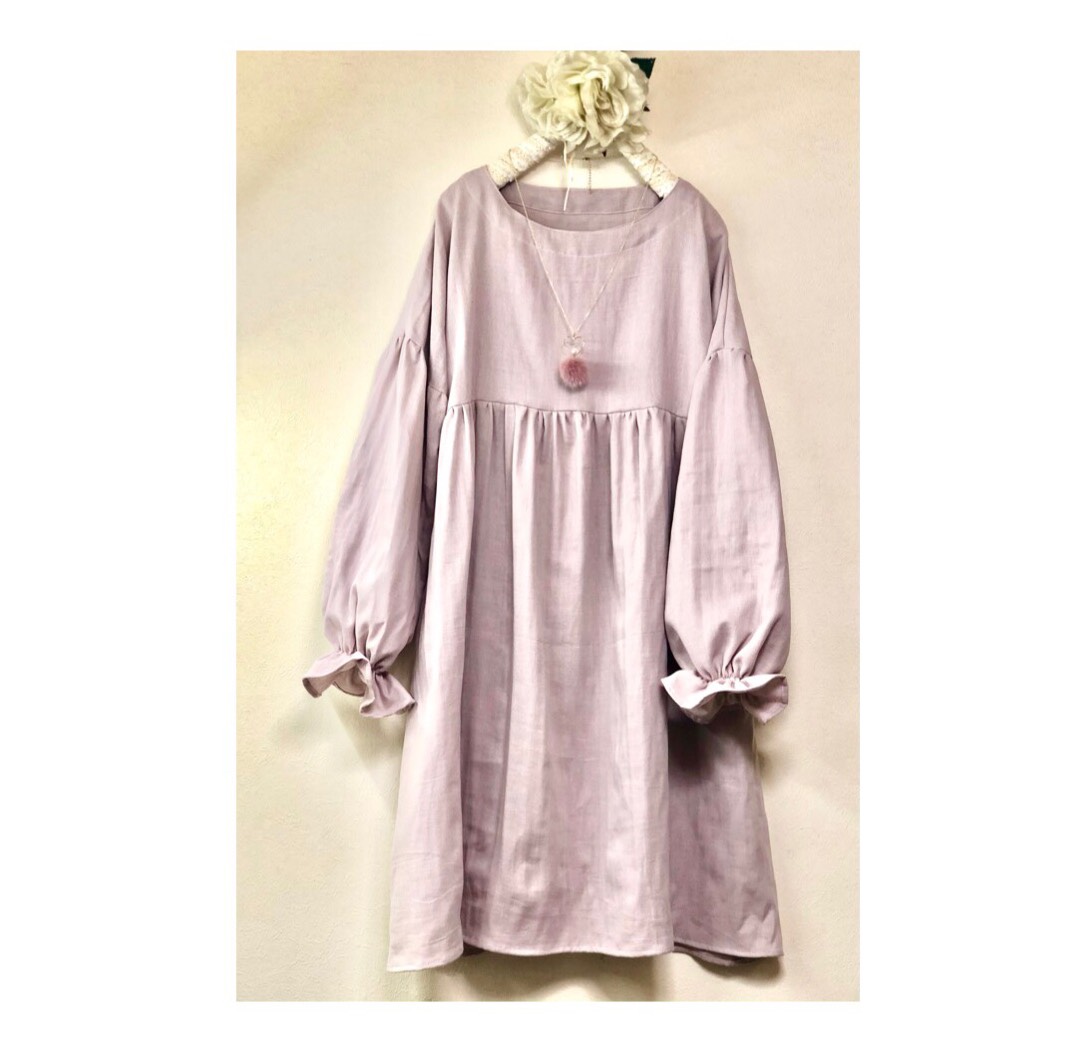 ❤️バルーン袖のギャザーワンピース ❤️ふわふわダブルガーゼ ❤️バルーン袖❤️ライラック❤️お色変更可能