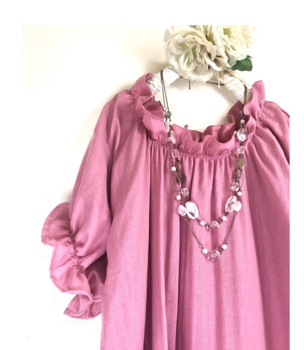 ゆったりラフな着心地❤️フリルシャーリングのロングワンピース❤️ふわふわダブルガーゼ❤️ﾌｪｱﾘｰﾋﾟﾝｸ❤️お色変更可