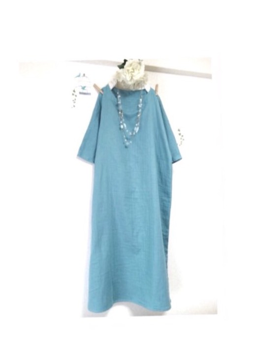 ロング丈★ふわふわ大人のWガーゼ♪アクアブルー ワンピース着心地抜群！(色変更可能❣️)(身幅調整可最大90cm迄)