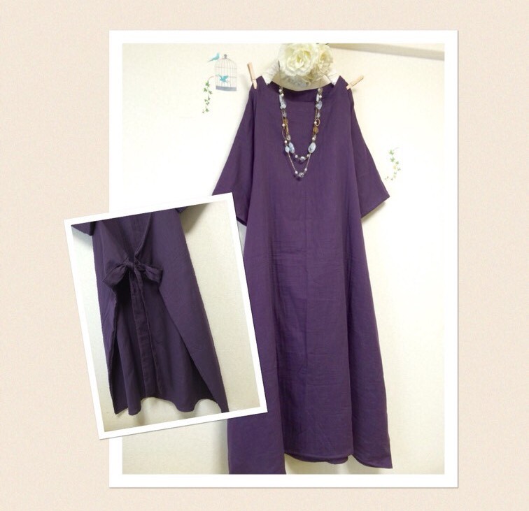 後ろリボン❣️大人のWガーゼ☆ パープル系/ ロング丈【色変更、半袖変更ok‼️】