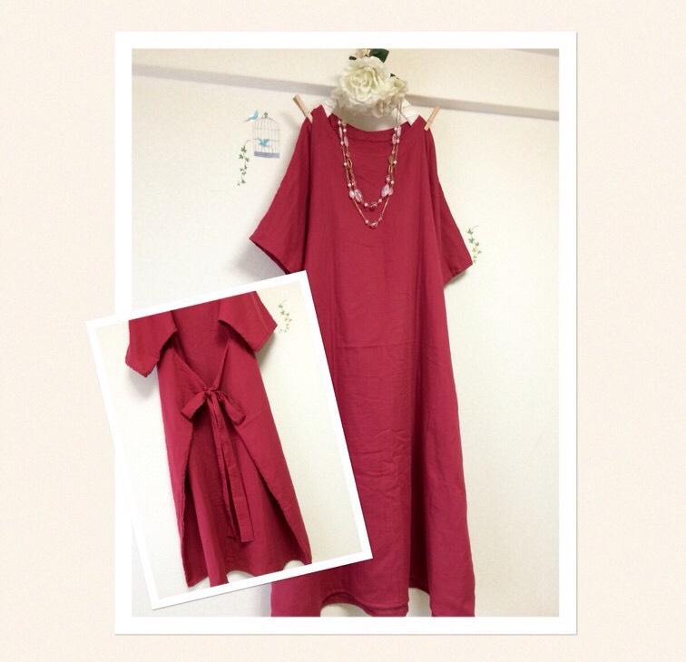 後ろリボン❣️大人のWガーゼ☆ ガーネット/ ロング丈【色変更、半袖変更ok‼️】