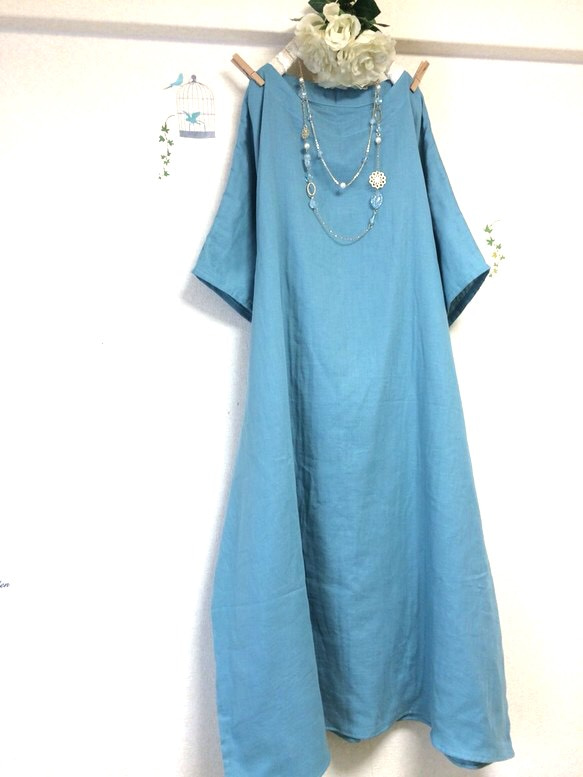 背絲帶❣️成人雙層紗布☆水藍色/長洋裝【變色OK！！ ️】 第4張的照片