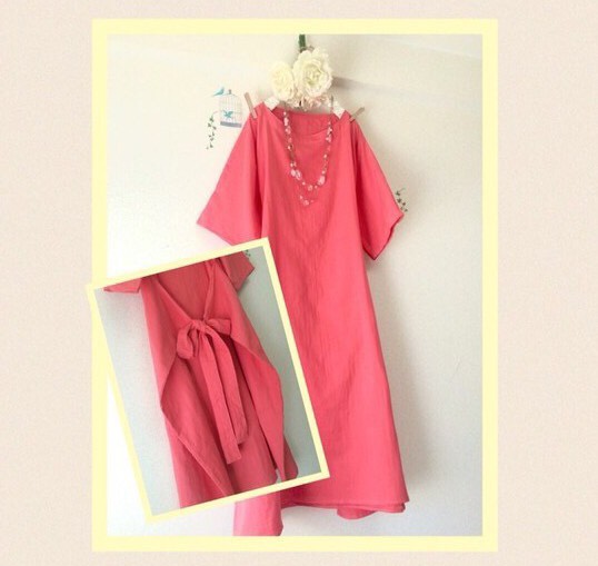 春カラー❣後ろリボン大人のWガーゼ☆ 新色 コーラル/ ロング丈【色変更、半袖変更ok】