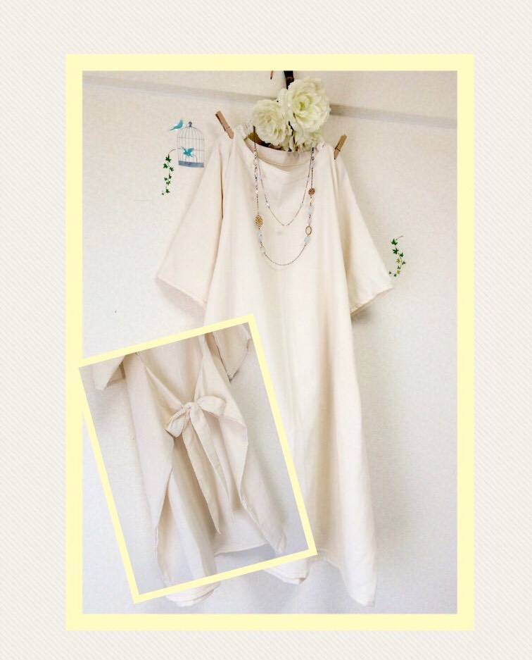 後ろリボン❣️大人のWガーゼ☆ 生成り/ ロング丈【色変更、半袖変更ok‼️】