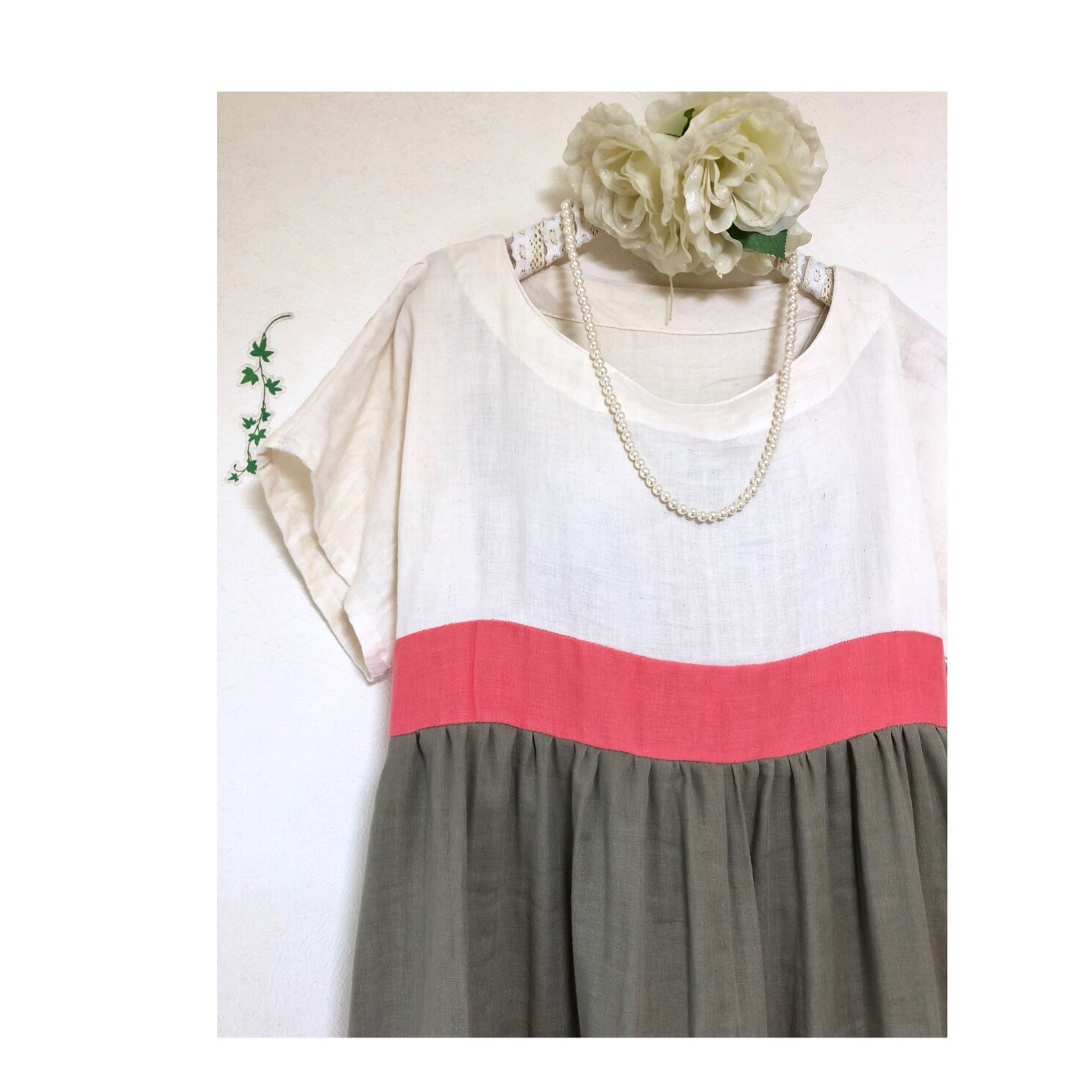 ❤️ハイウエストギャザー❤️体型カバー❤️コクーンシルエット《コーラル×カーキ》❤️ダブルガーゼ❤️