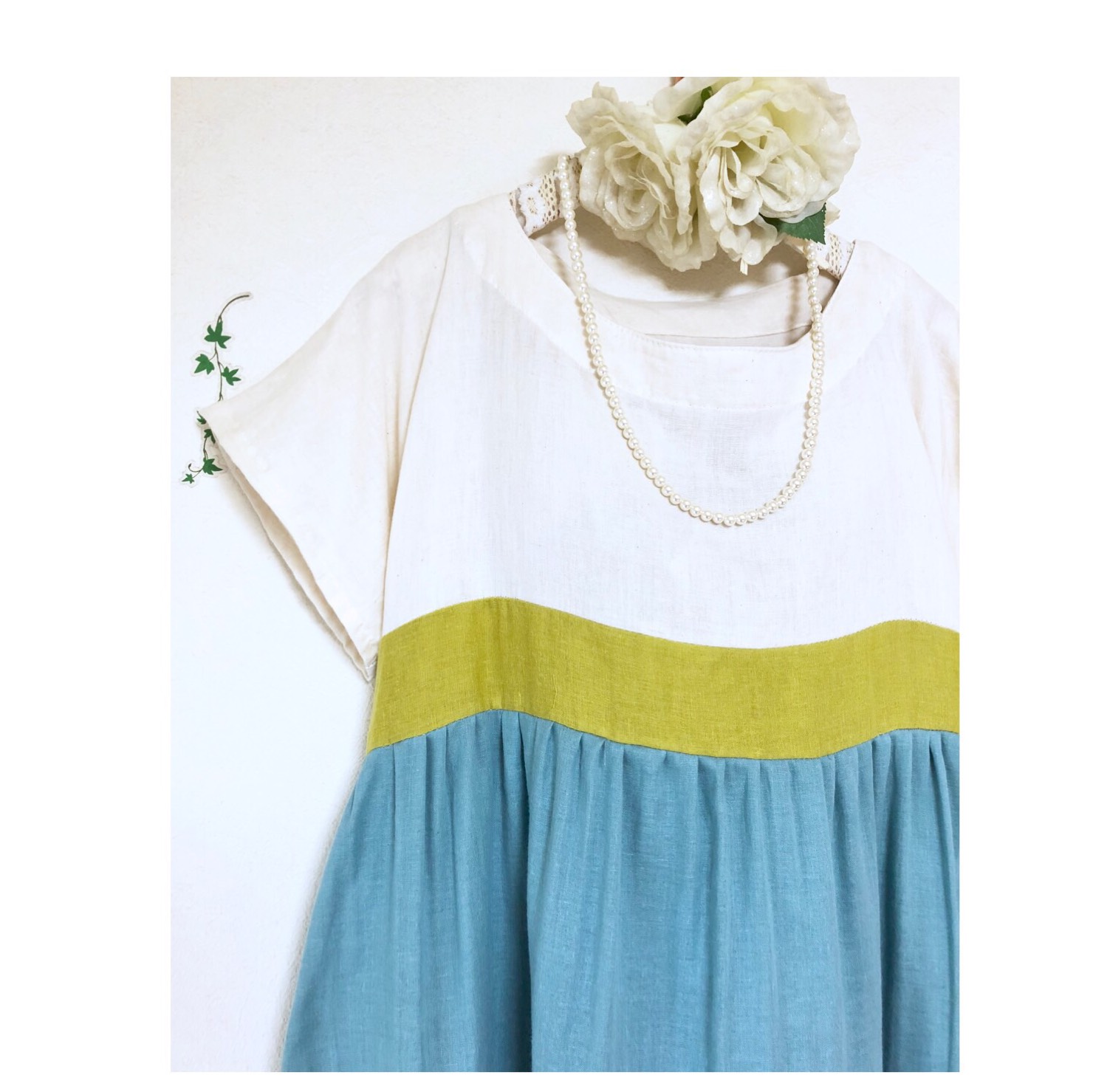 ❤️ハイウエストギャザー❤️体型カバー❤️コクーンシルエット《ミモザ×アクア》❤️ダブルガーゼ❤️色変更可能