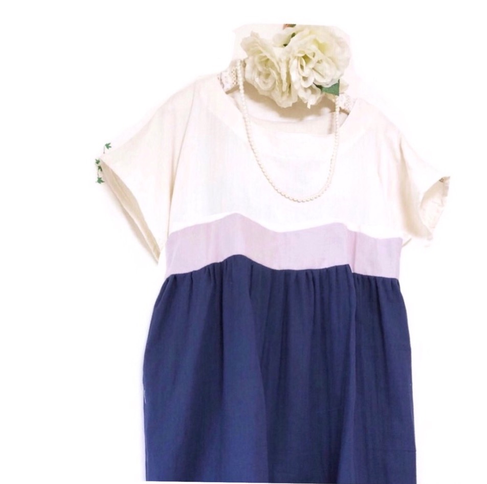 ❤️ハイウエストギャザー❤️ 体型カバー❤️コクーンシルエット《ライラック×紺》ダブルガーゼ❤️色変更可能