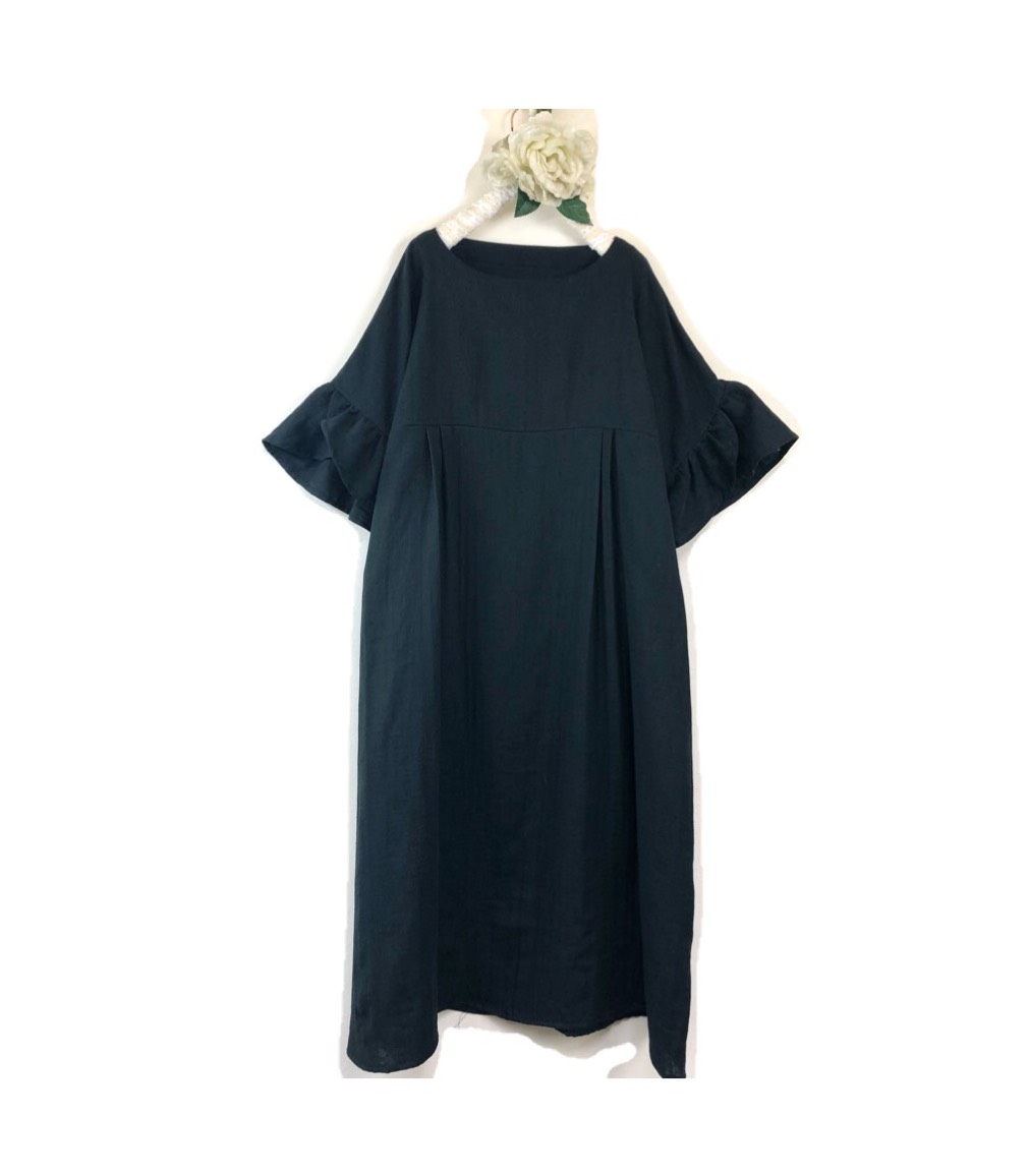 ❤️ふわふわ大人のダブルガーゼ ❤️【ロング丈】ダブルタック❤️フリル袖❤️ブラック❤️お色変更可能