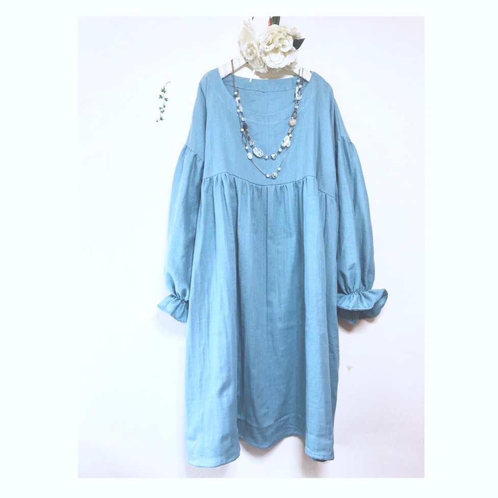 ❤️バルーン袖のギャザーワンピース ❤️ふわふわダブルガーゼ ❤️バルーン袖❤️アクアブルー❤️お色変更可能