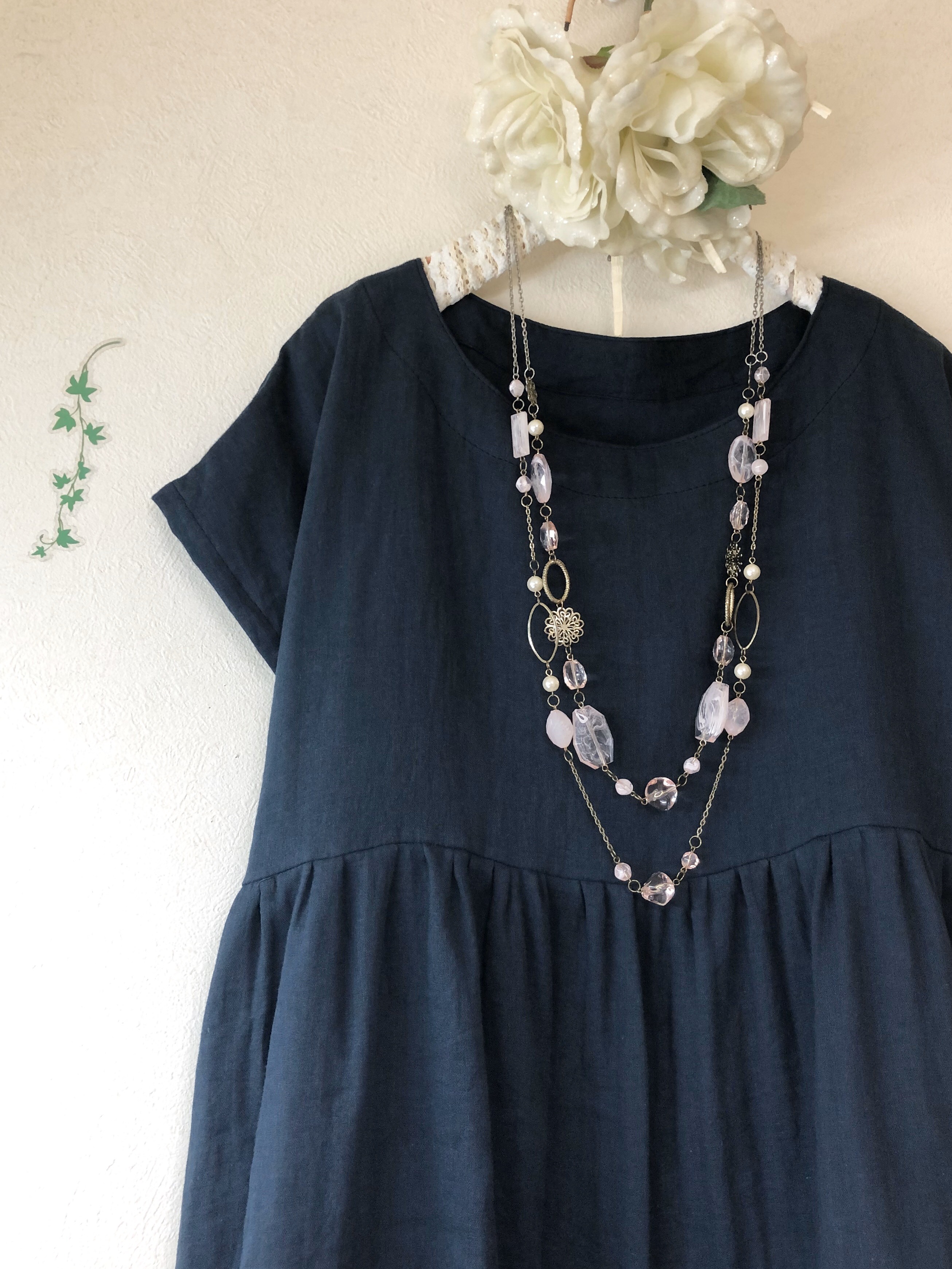 フレンチ袖❤️たっぷりギャザーのチュニック❤️ふわふわダブルガーゼ❤️海(濃紺)【色変更/サイズ調整ok‼️】