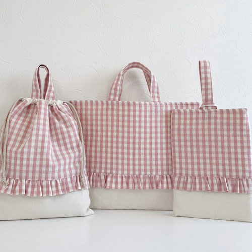 即納】フリルとチェックのレッスンバッグ・シューズケース・巾着 3点  