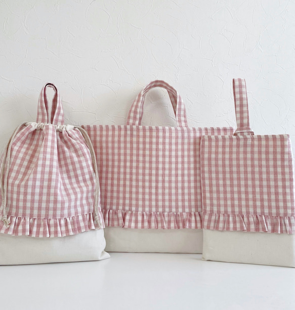 即納】フリルとチェックのレッスンバッグ・シューズケース・巾着 3点