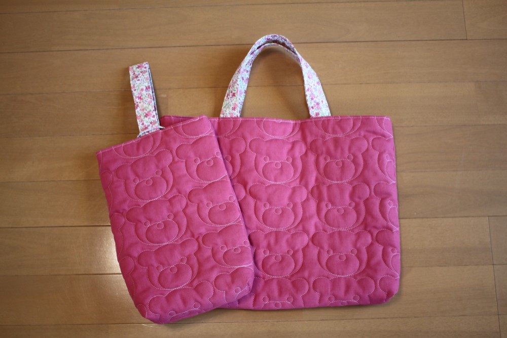 くまちゃんキルティングのレッスンバッグ&シューズバッグ