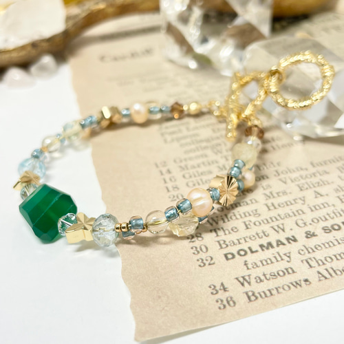 16kgp グリーンオニキス 天然色トパーズ ダブルマンテルブレスレット