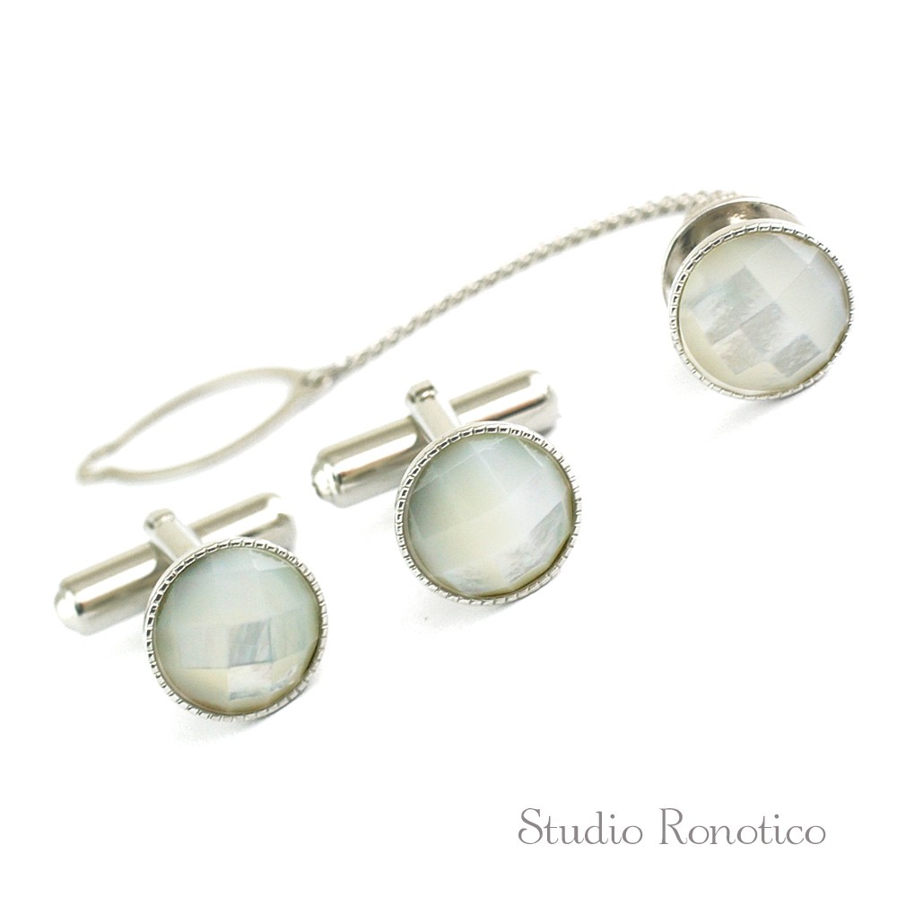 白蝶貝 天然石 カフスボタン タイタック セット