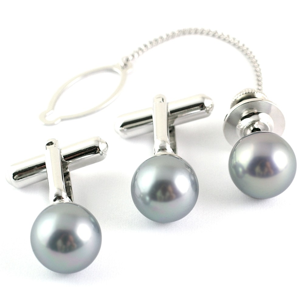 国産 磨き貝パール 10mm カフスボタン タイタック セット シルバーグレー