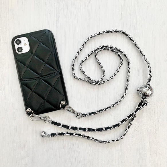 高級PUレザー シルバーチェーン スマホショルダー 肩掛け ショルダー