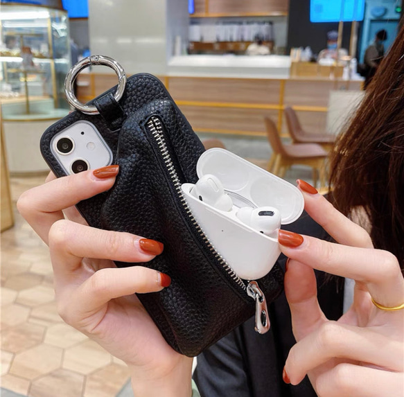 レザー iPhoneケース スマホショルダー ボールチェーン ブラック ショルダーストラップ　AirPods 6枚目の画像