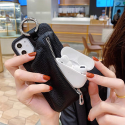 高級PUレザー iPhoneケース スマホショルダー ボールチェーン ブラック ショルダーストラップ AirPods 7枚目の画像