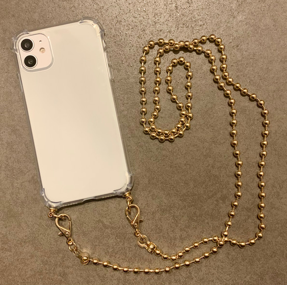 ボールチェーン スマホショルダー ゴールド シルバー　ストラップ クリアケース iPhoneケース ショルダーストラップ 2枚目の画像