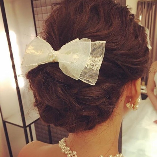 刺繍入りチュールリボンボンネ ヘッドドレス（ウェディング