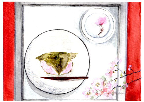 ポストカード3枚セット　No.85 桜餅(道明寺)＆桜茶 1枚目の画像